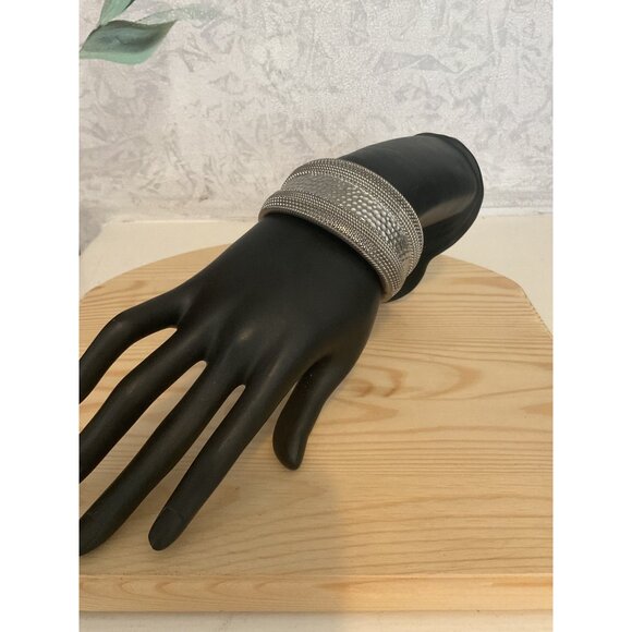 Wide Silver Metal Textured Bangle Bracelet Unique Hammered Braided Design - Picture 3 of 6